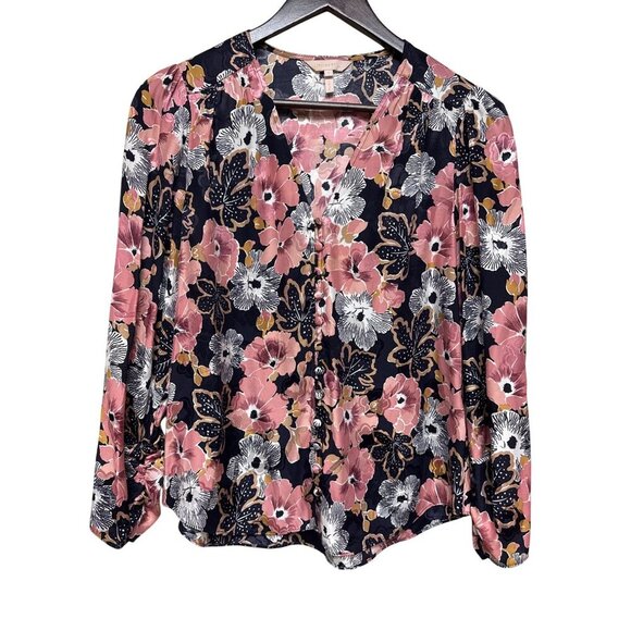 Rebecca Taylor Women's Blouse Jardin Floral Button Front Indigo Silk Blend  4 - Picture 2 of 11